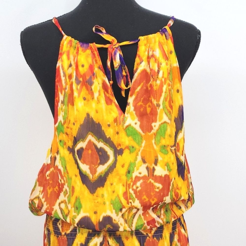 Lauren Ralph Lauren Tribal Ikat Print Yellow Tie-Back Smocked Maxi Dress Women 8 - Picture 4 of 11